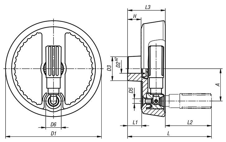 2paprsková ruční ovládací kola z hliníku, s válcovým sklopným úchytem, provedení C, s lícovaným otvorem a drážkou pro zalícovanou pružinu