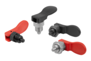 Aretační čepy z oceli nebo nerezové oceli, krátké provedení, s plastovou excentrickou pákou Aretační čepy z oceli nebo nerezové oceli, krátké provedení, s plastovou excentrickou pákou