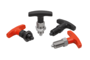 Aretační čepy z oceli nebo nerezové oceli, s plastovým úchytem tvaru T Aretační čepy z oceli nebo nerezové oceli, s plastovým úchytem tvaru T