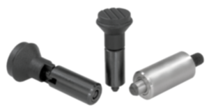 Indexing plungers, steel or stainless steel, smooth version without collar, with plastic mushroom grip and cap Indexing plungers, steel or stainless steel, smooth version without collar, with plastic mushroom grip and cap