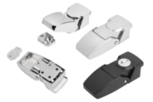 Upínací uzávěry ze zinku s plechovým držákem, skryté otvory pro přišroubování Upínací uzávěry ze zinku s plechovým držákem, skryté otvory pro přišroubování