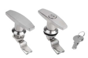 Západkové uzávěry z nerezové oceli, s úchytem tvaru T 1.4401, zamykatelný, průměr pouzdra 32 mm Západkové uzávěry z nerezové oceli, s úchytem tvaru T 1.4401, zamykatelný, průměr pouzdra 32 mm