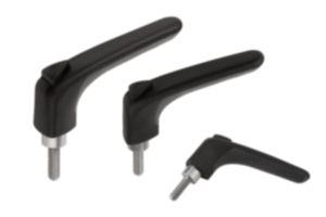 Upínací páka z plastu, ergonomická, s vnějším závitem, se závitovou vložkou z oceli, modře pasivovaná Upínací páka z plastu, ergonomická, s vnějším závitem, se závitovou vložkou z oceli, modře pasivovaná
