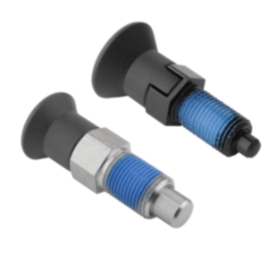 Aretační čepy z oceli nebo nerezové oceli, s plastovým hřibovitým úchytem a závitová pojistka Aretační čepy z oceli nebo nerezové oceli, s plastovým hřibovitým úchytem a závitová pojistka