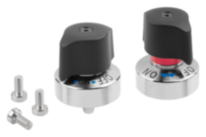 Aretační čep z oceli s otočným ovládáním, otočnou hlavicí z plastu a s kónickým aretačním kolíkem Aretační čep z oceli s otočným ovládáním, otočnou hlavicí z plastu a s kónickým aretačním kolíkem